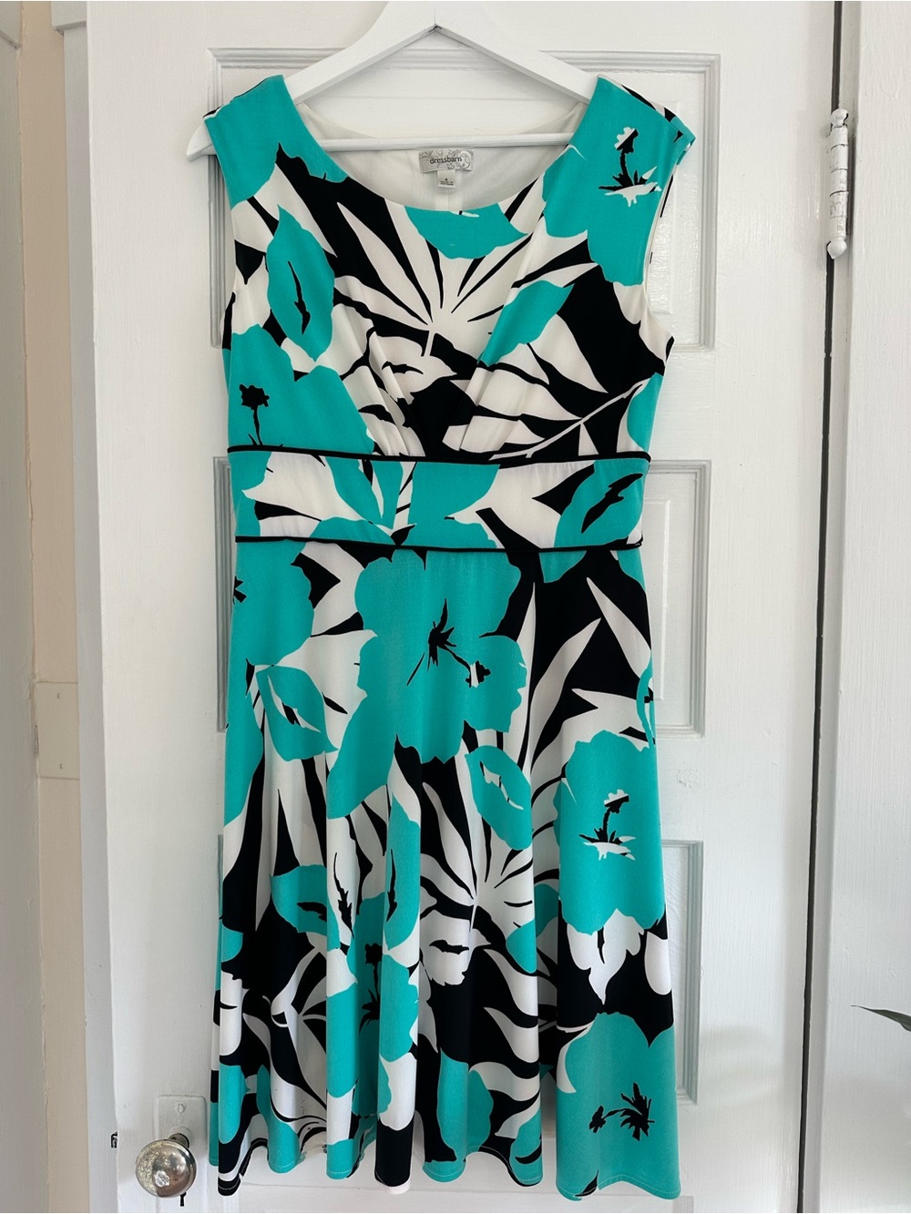 dressbarn Turquoise Black and White Floral Fit & Flare Dress